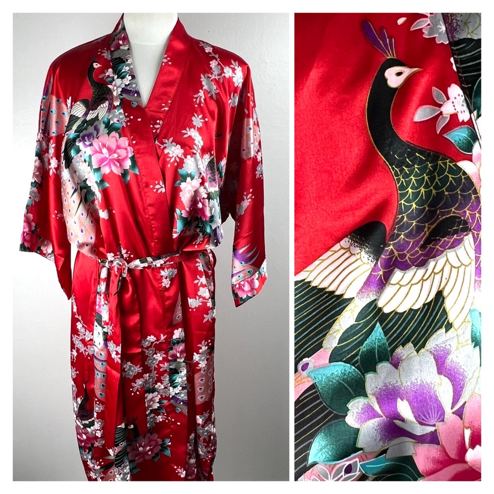 Oriental Village Red Kimono Robe Floral and Peacocks one Size